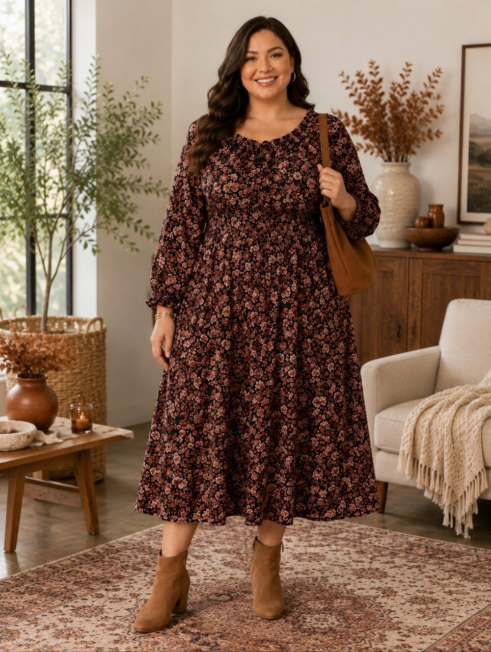 TALBOTS Autumn Garden Floral Midi Dress Bracelet Sleeve Romantic